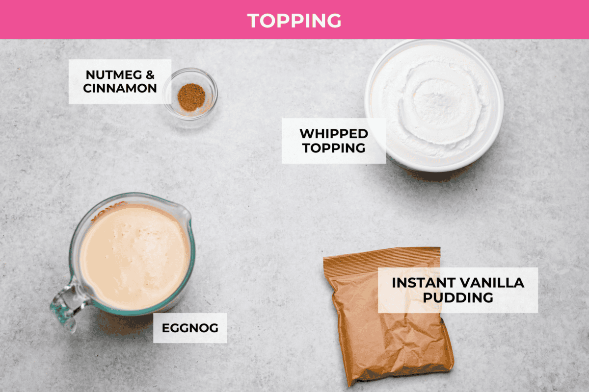 Overhead shot of labeled topping ingredients. 