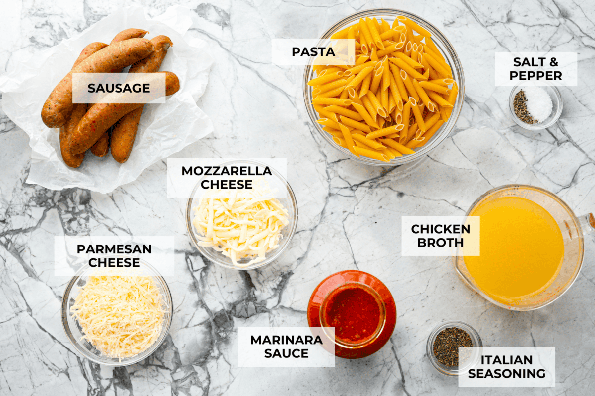 Overhead shot of labeled ingredients. 