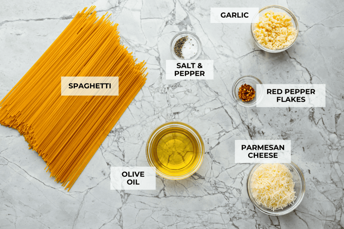 Overhead shot of labeled ingredients.