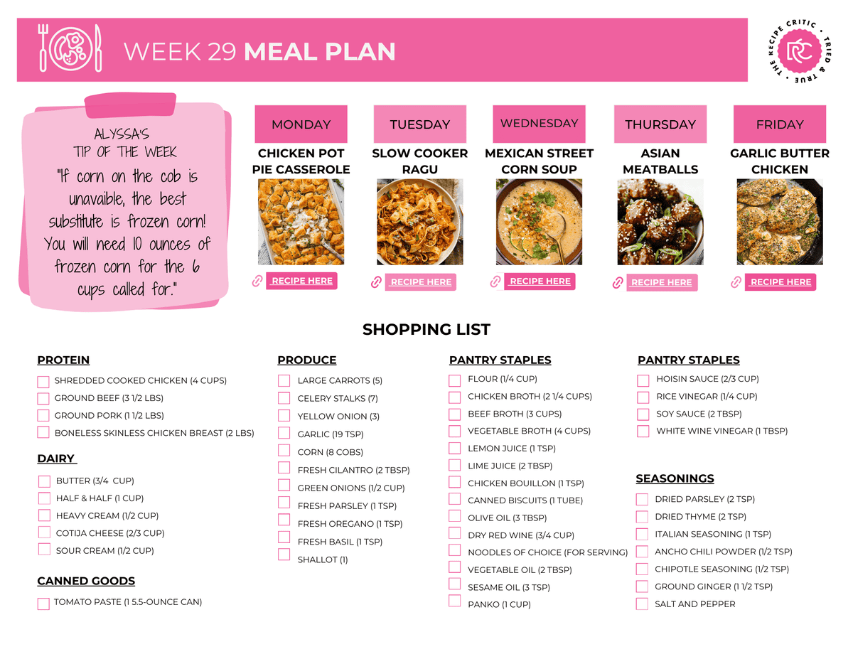 A pdf of the weekly meal plan. 