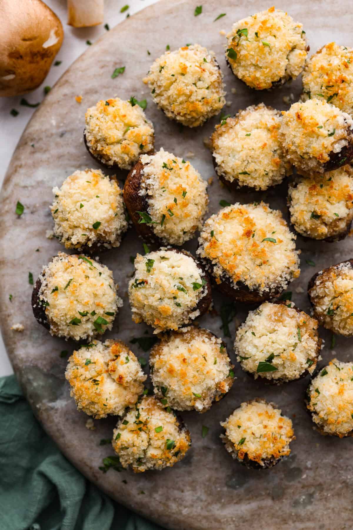 Overhead shot of Boursin stuffed mushrooms on a serving platter. 