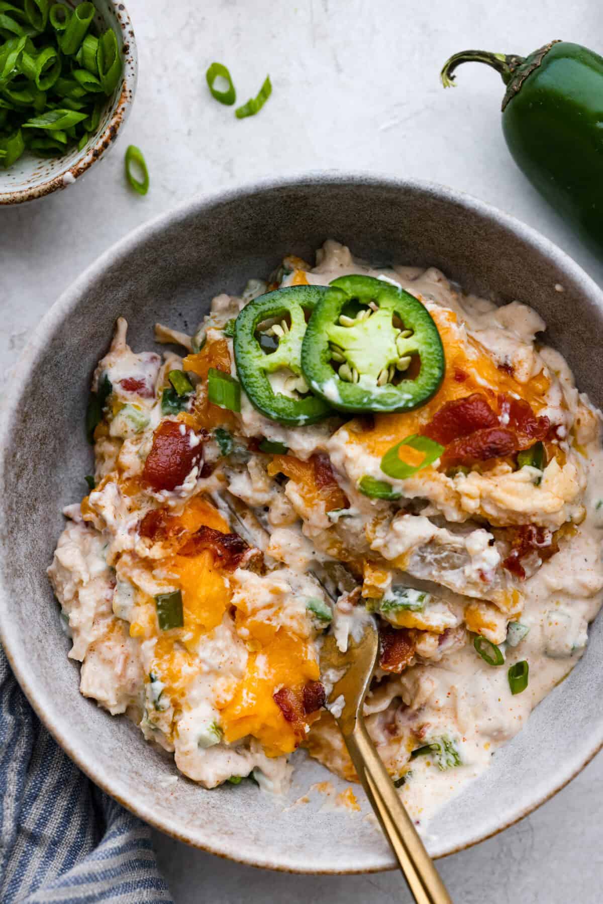 Overhead shot of plated jalapeño popper casserole. 