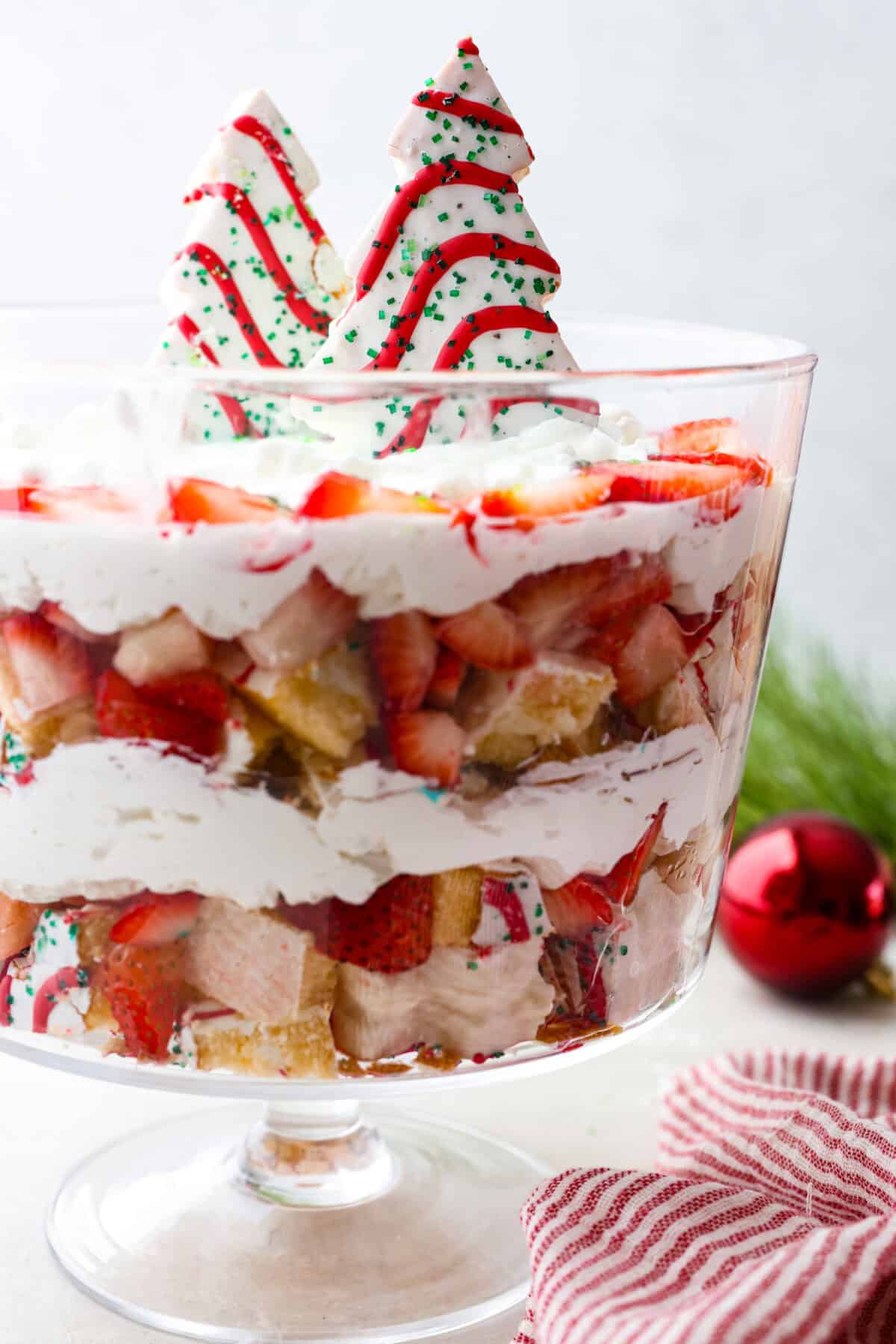 Side shot of Little Debbie Christmas tree trifle. 