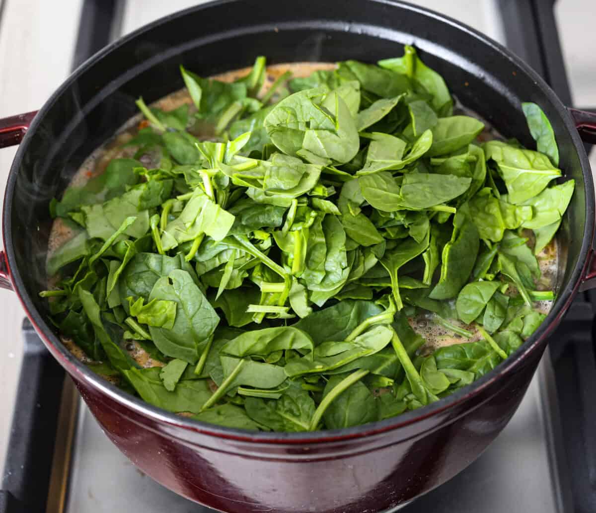 Overhead shot of spinach on top of the rest of the soup ingredients. 