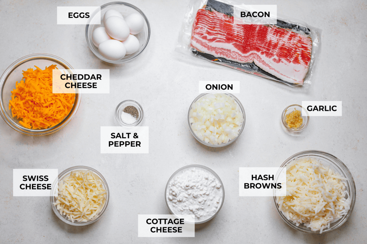 Overhead shot of labeled ingredients. 