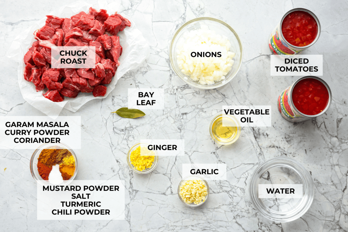 Overhead shot of labeled ingredients. 