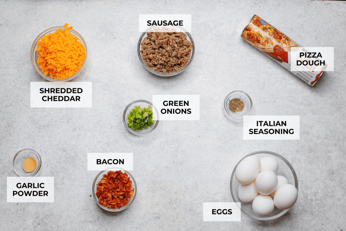 Overhead shot of labeled ingredients. 