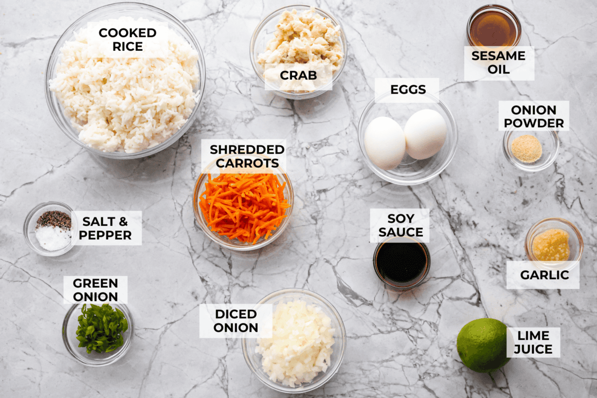 Overhead shot of labeled ingredients.