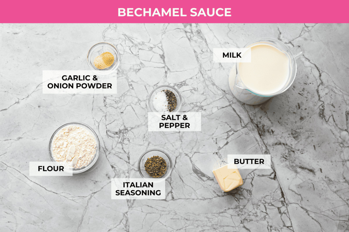 Overhead shot of labeled ingredients for Béchamel sauce. 