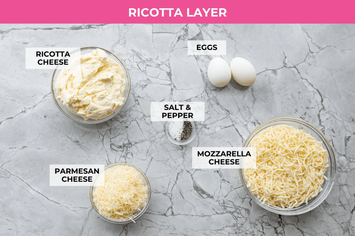 Overhead shot of labeled ingredients  for the mushroom lasagna ricotta layer. 