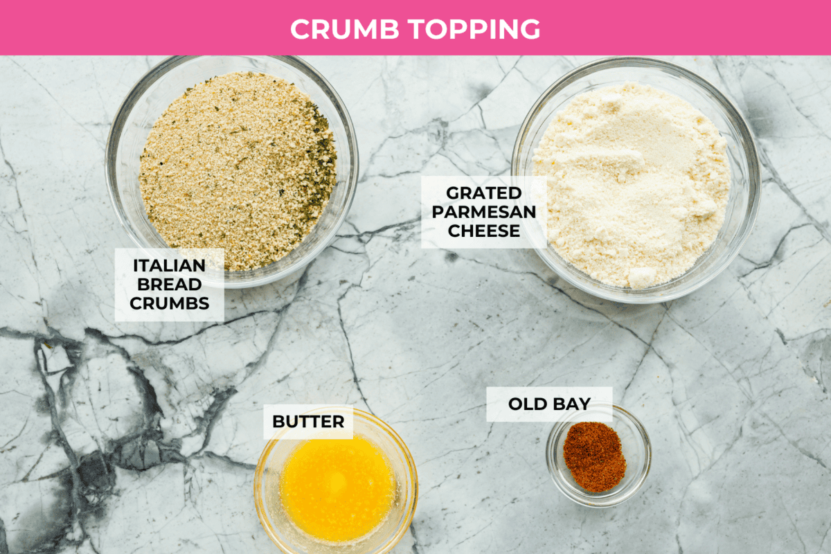 Overhead shot of labeled crumb topping ingredients. 