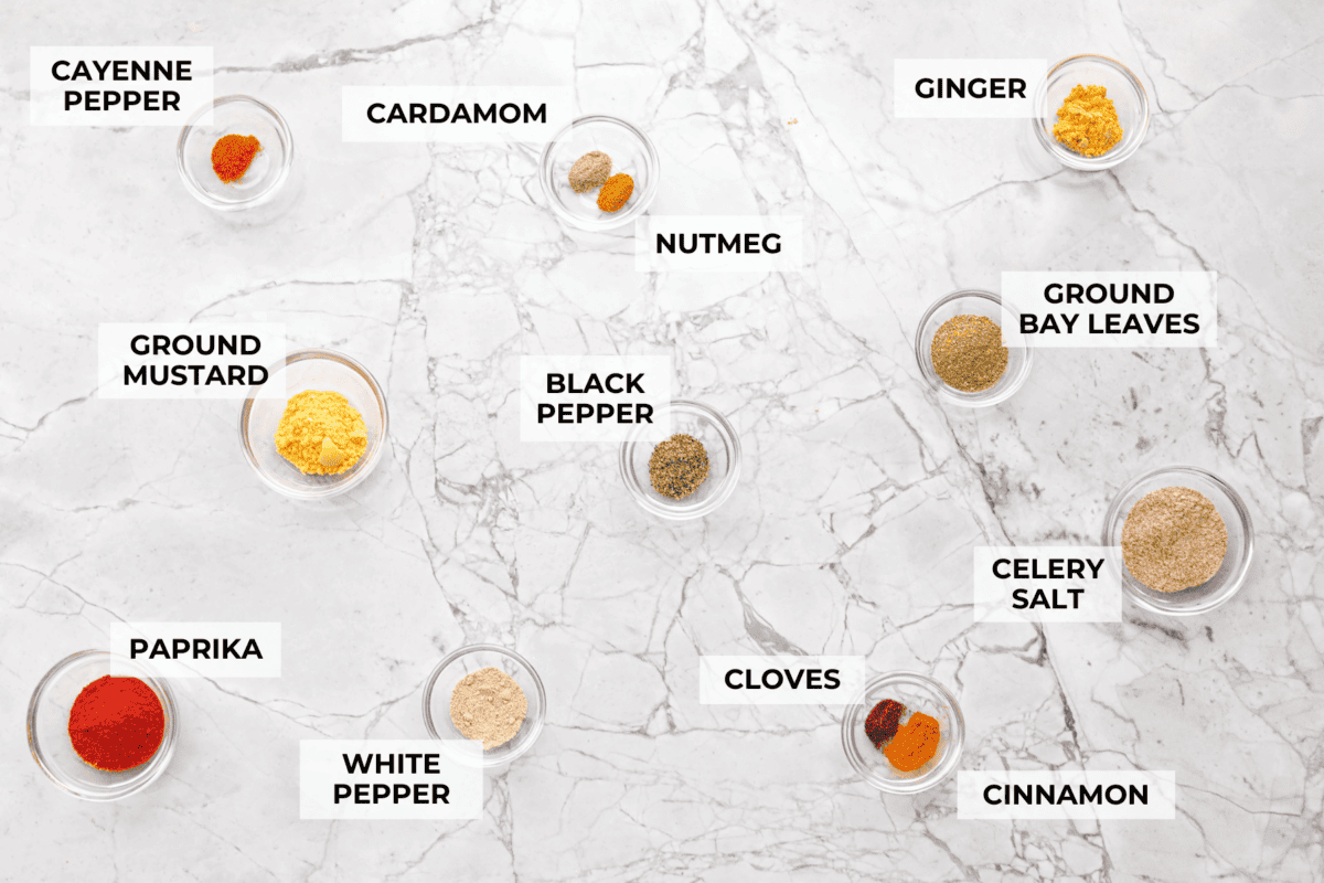 Overhead shot of labeled ingredients.