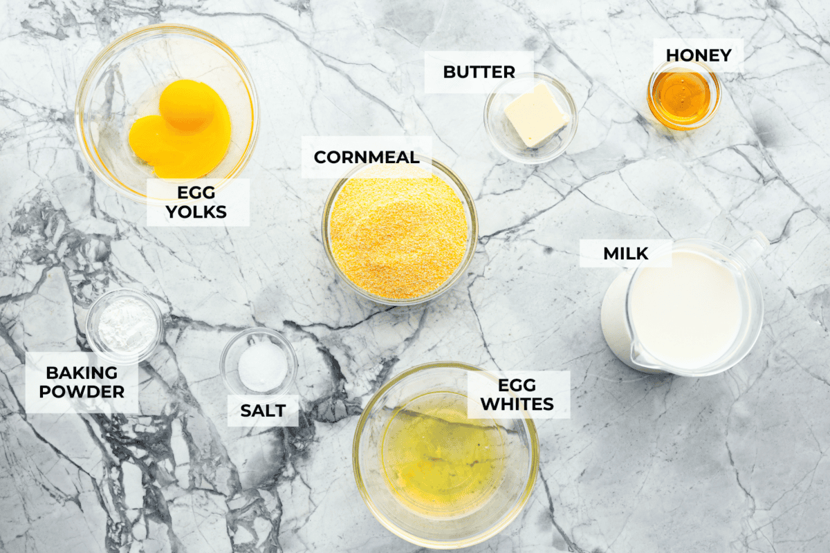 Overhead shot of labeled ingredients. 