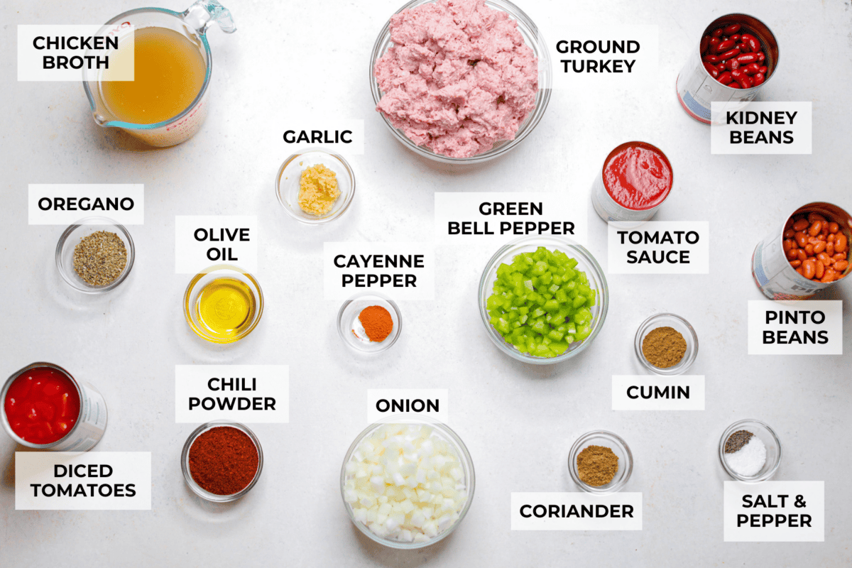 Overhead shot of labeled ingredients. 