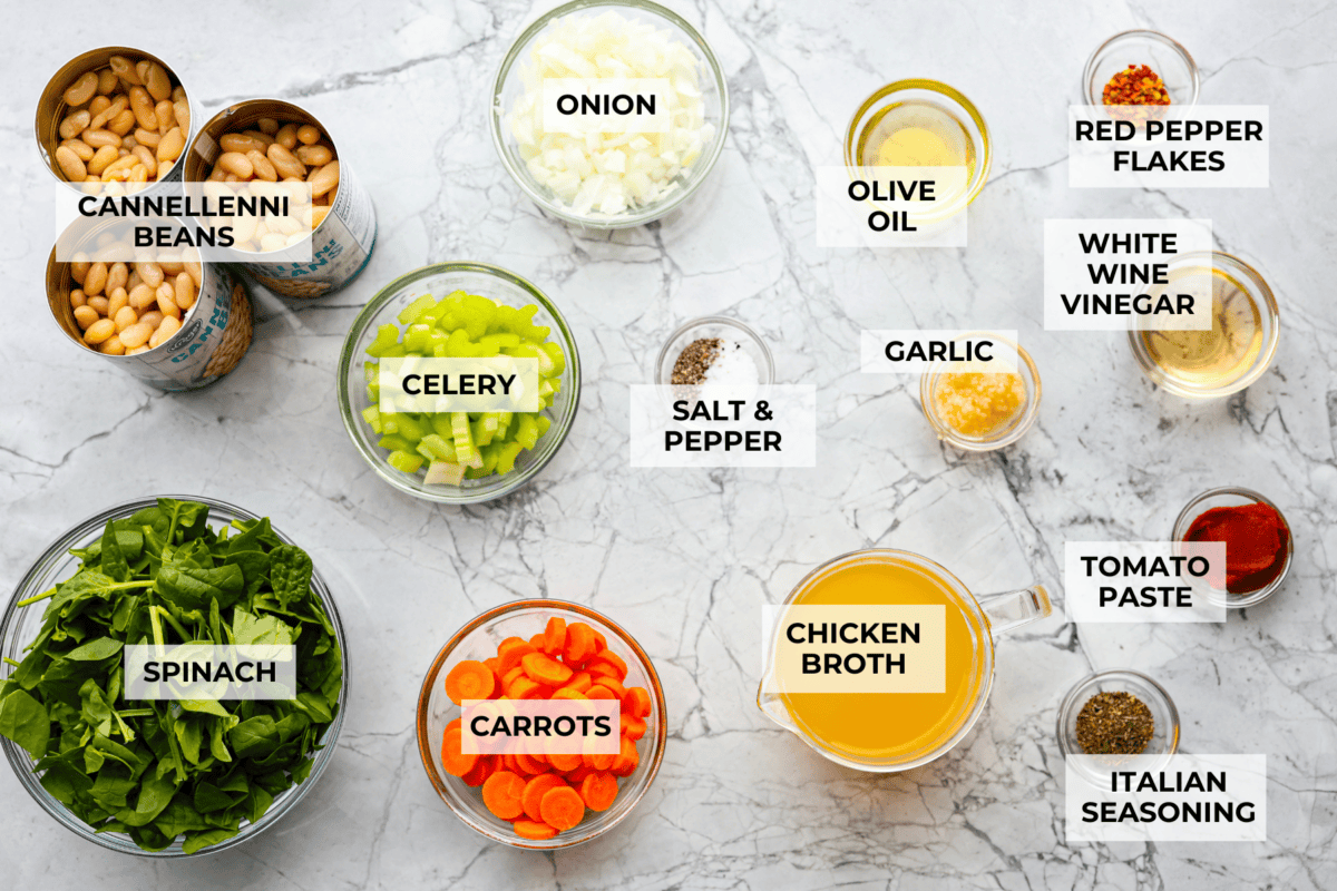 Overhead shot of labeled ingredients.