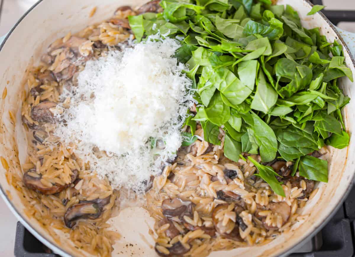 Close up shot of cooked mushrooms and orzo with cheese and spinach on top. 