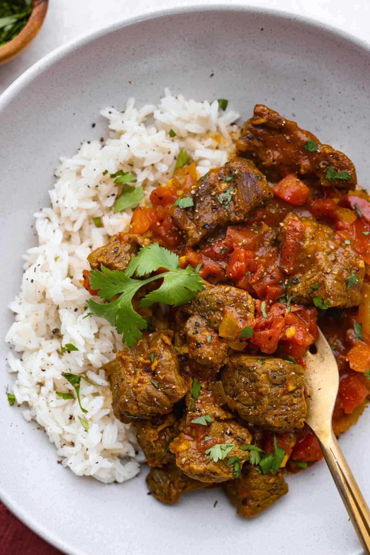 Overhead shot of plated beef curry on rice. 