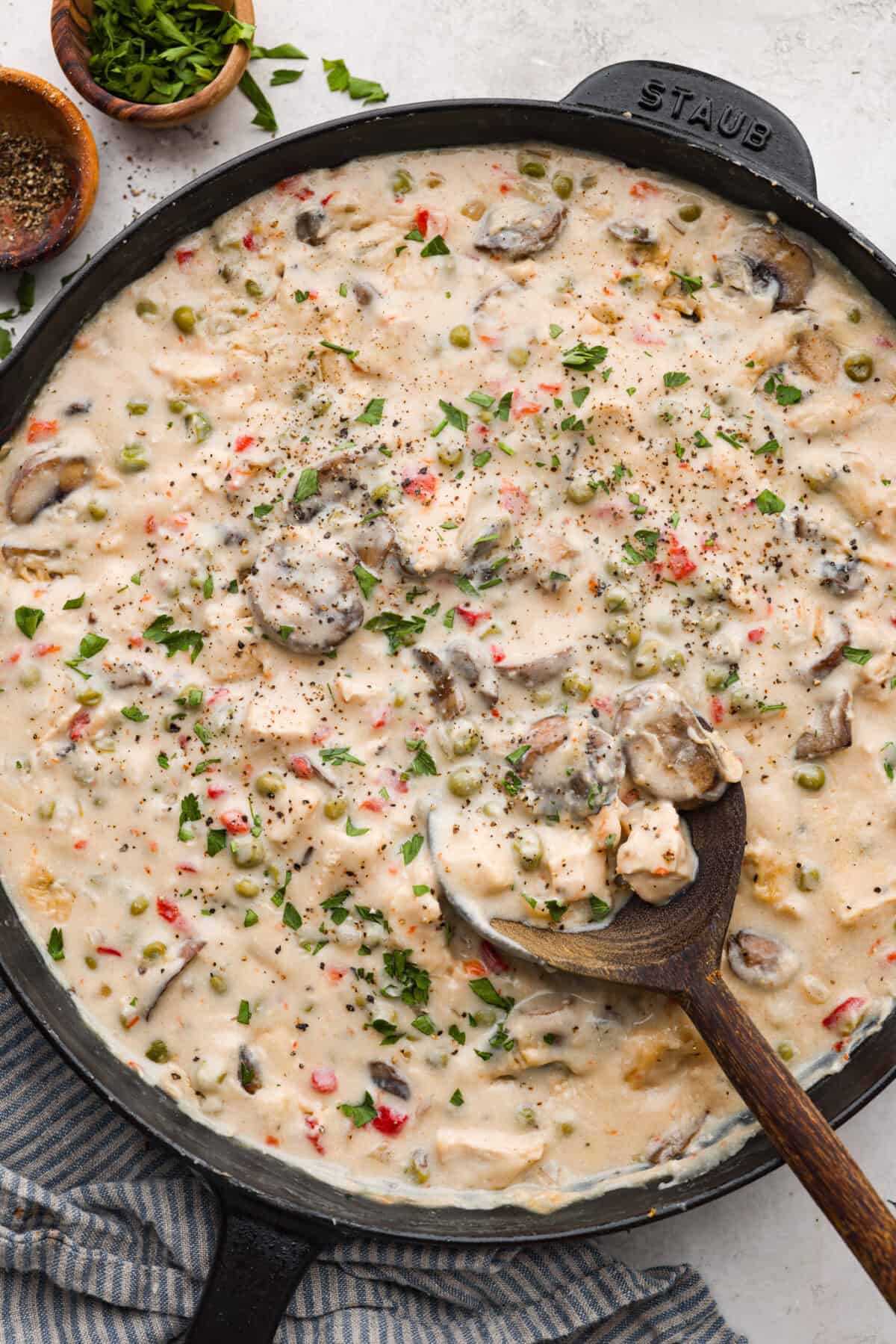 Overhead shot of chicken a la king in a skillet. 