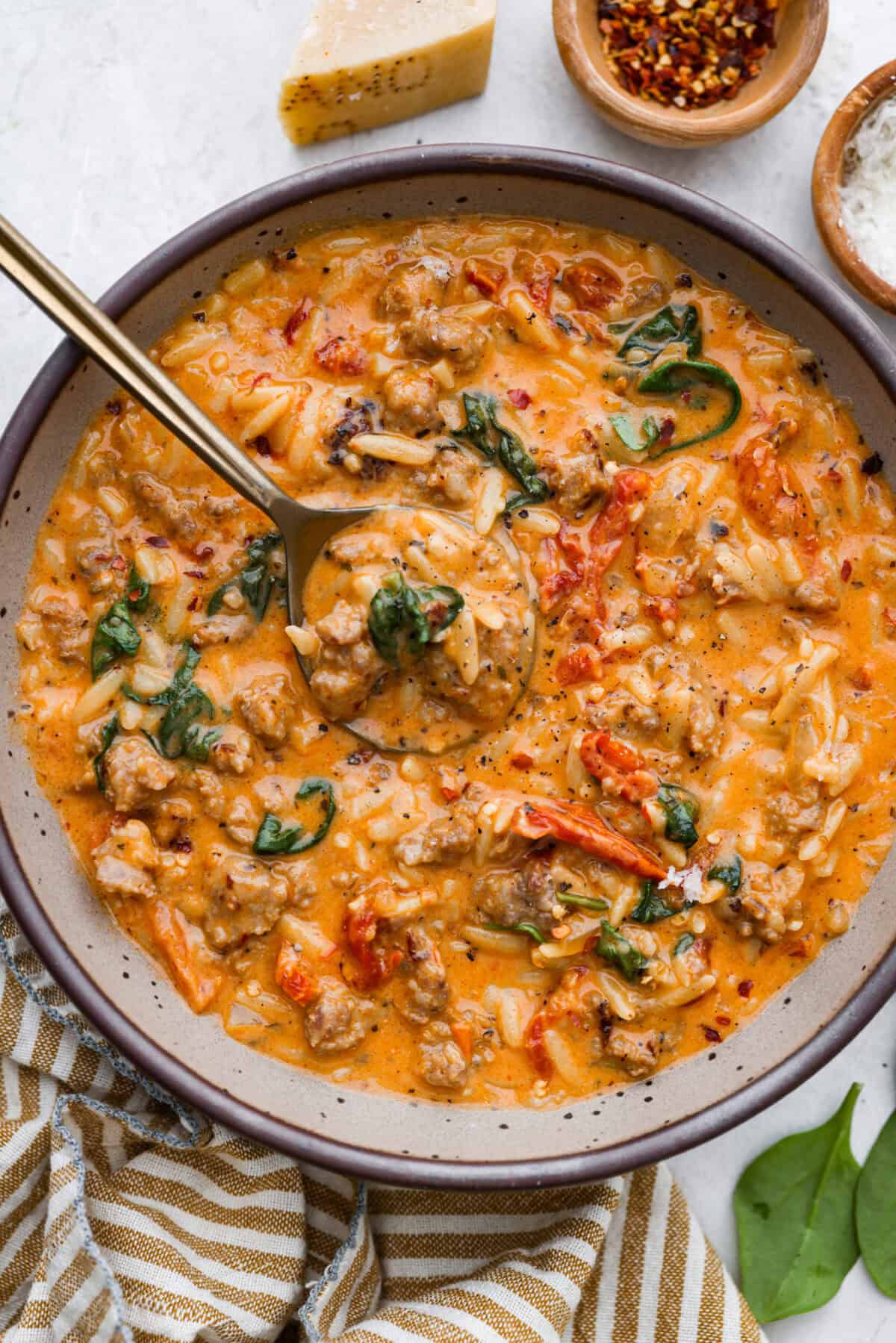 Overhead shot of marry me sausage orzo soup. 