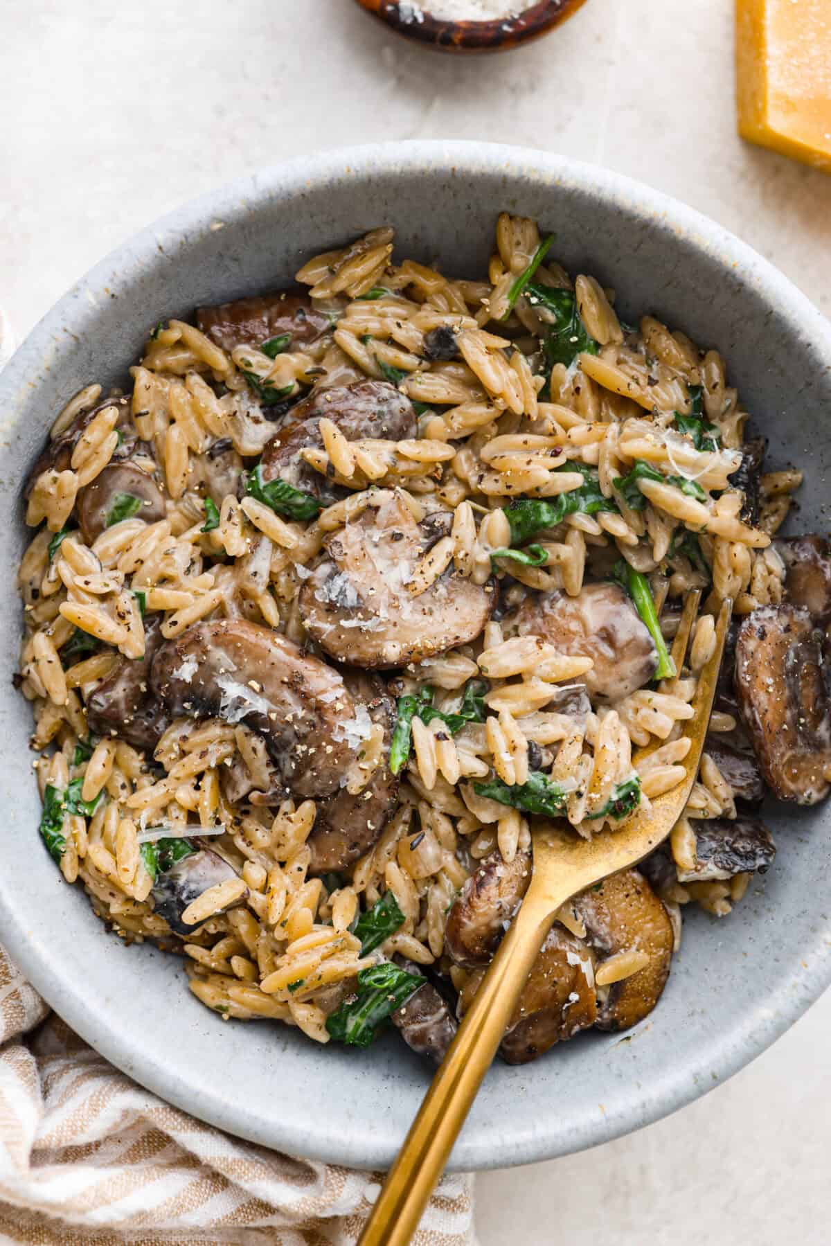 Overhead shot of plated mushroom orzo.