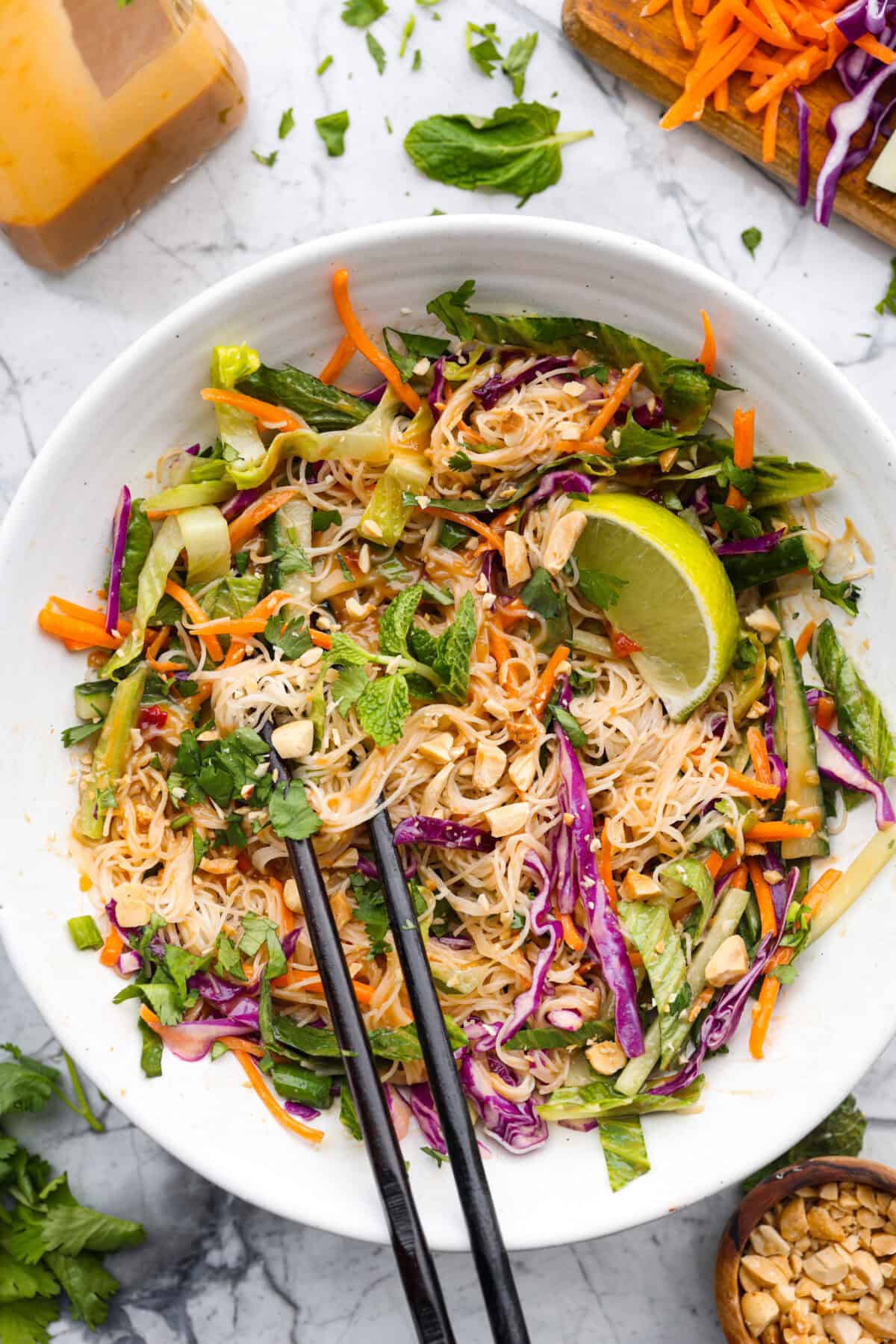 Overhead shot of a spring roll bowl all mixed together.