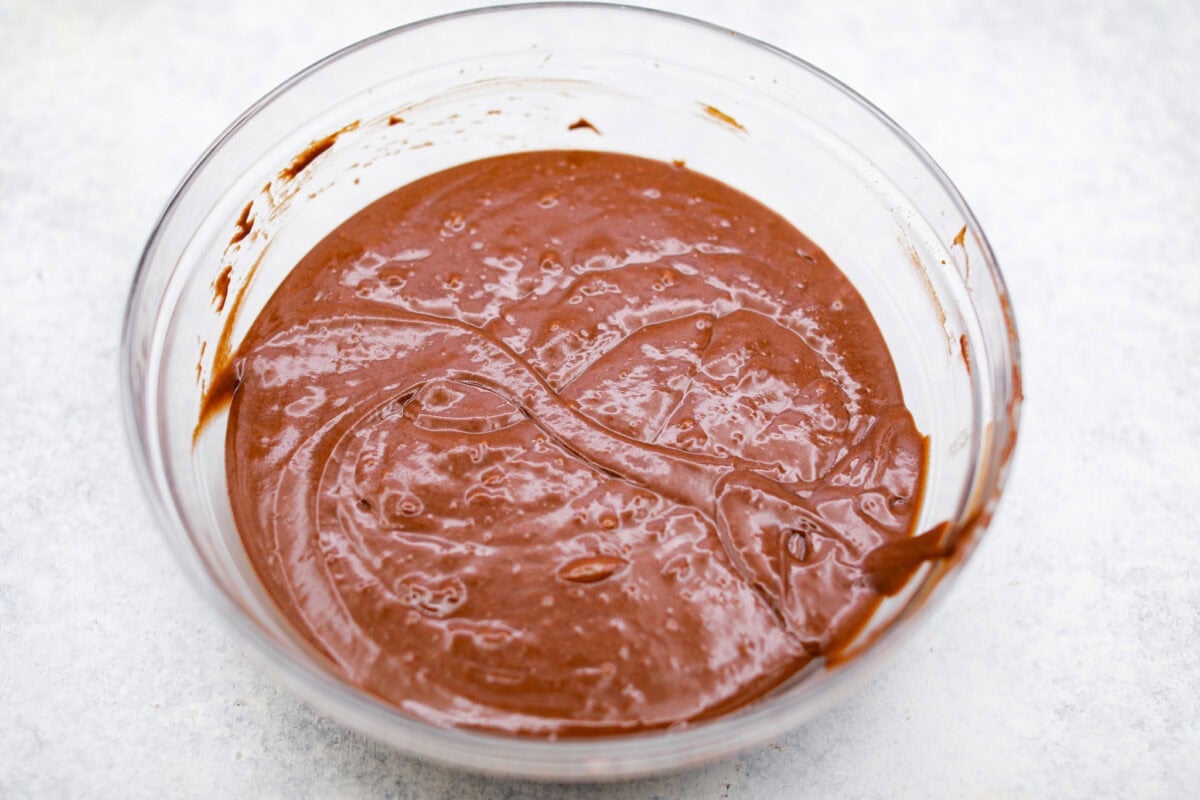 Overhead shot of the mayo mixture combined with the flour mixture. 