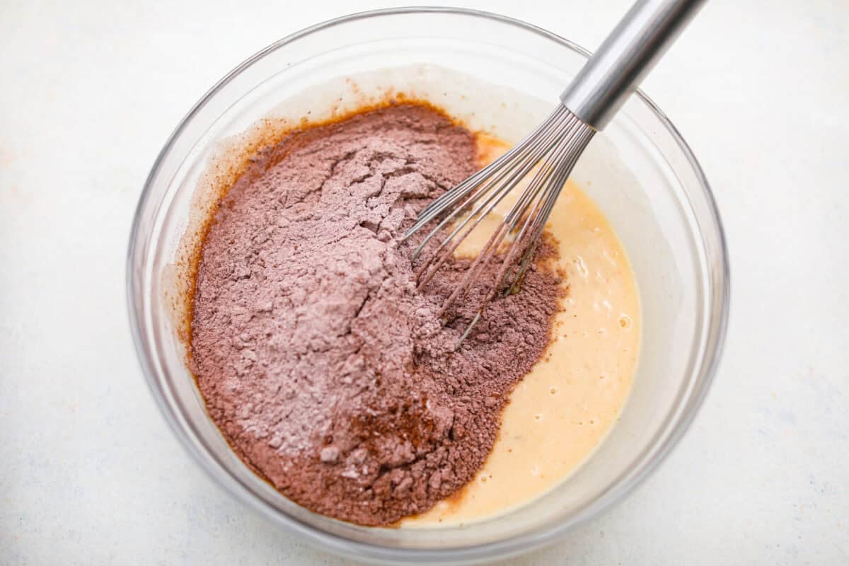 These double chocolate muffins are rich, moist, and packed with deep chocolate flavor! They are the perfect treat for breakfast, snack time, or dessert. They come together with simple ingredients and bake up beautifully with a soft, tender crumb in less than an hour! Dry ingredients added to the bowl with the buttermilk mixture.