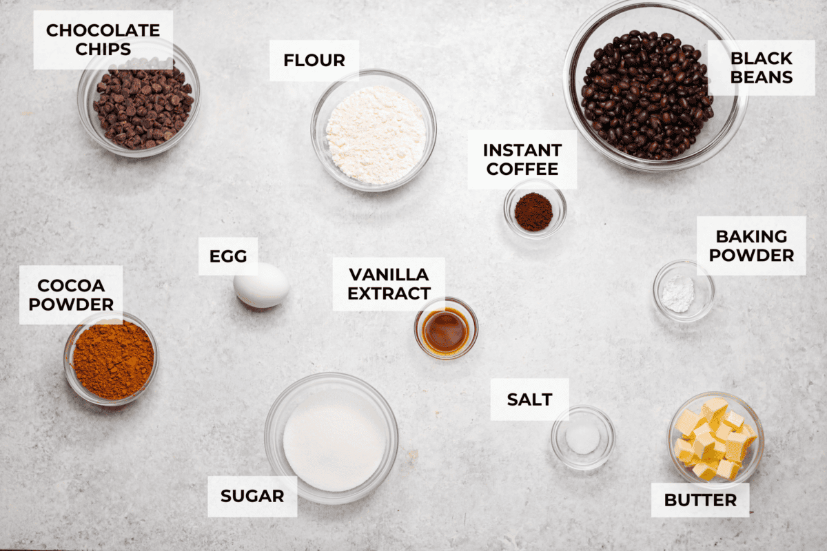 Overhead shot of labeled ingredients. 