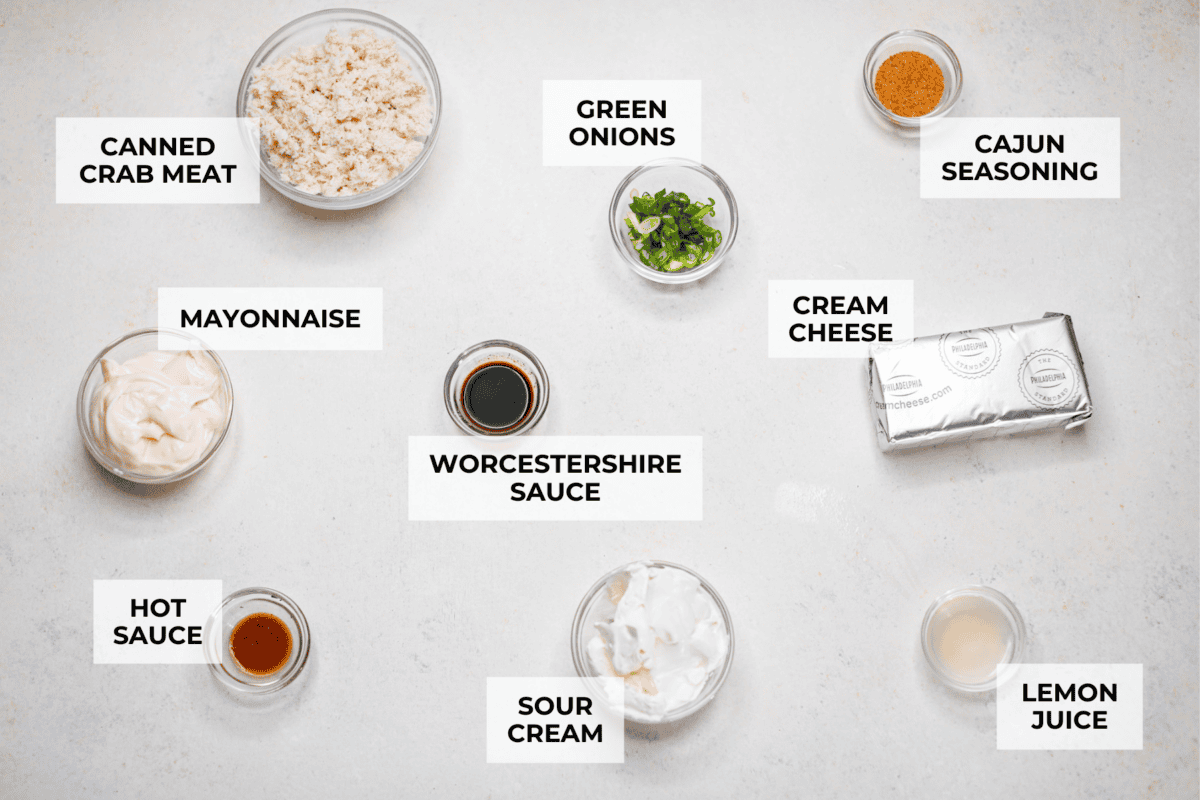 Overhead shot of labeled cajun crab dip ingredients. 