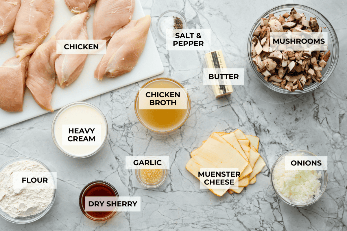 Overhead shot of labeled ingredients. 