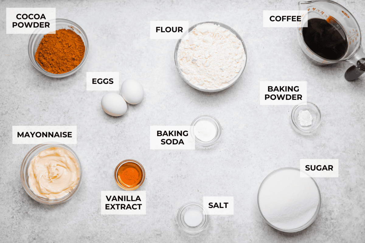 Overhead shot of labeled ingredients. 