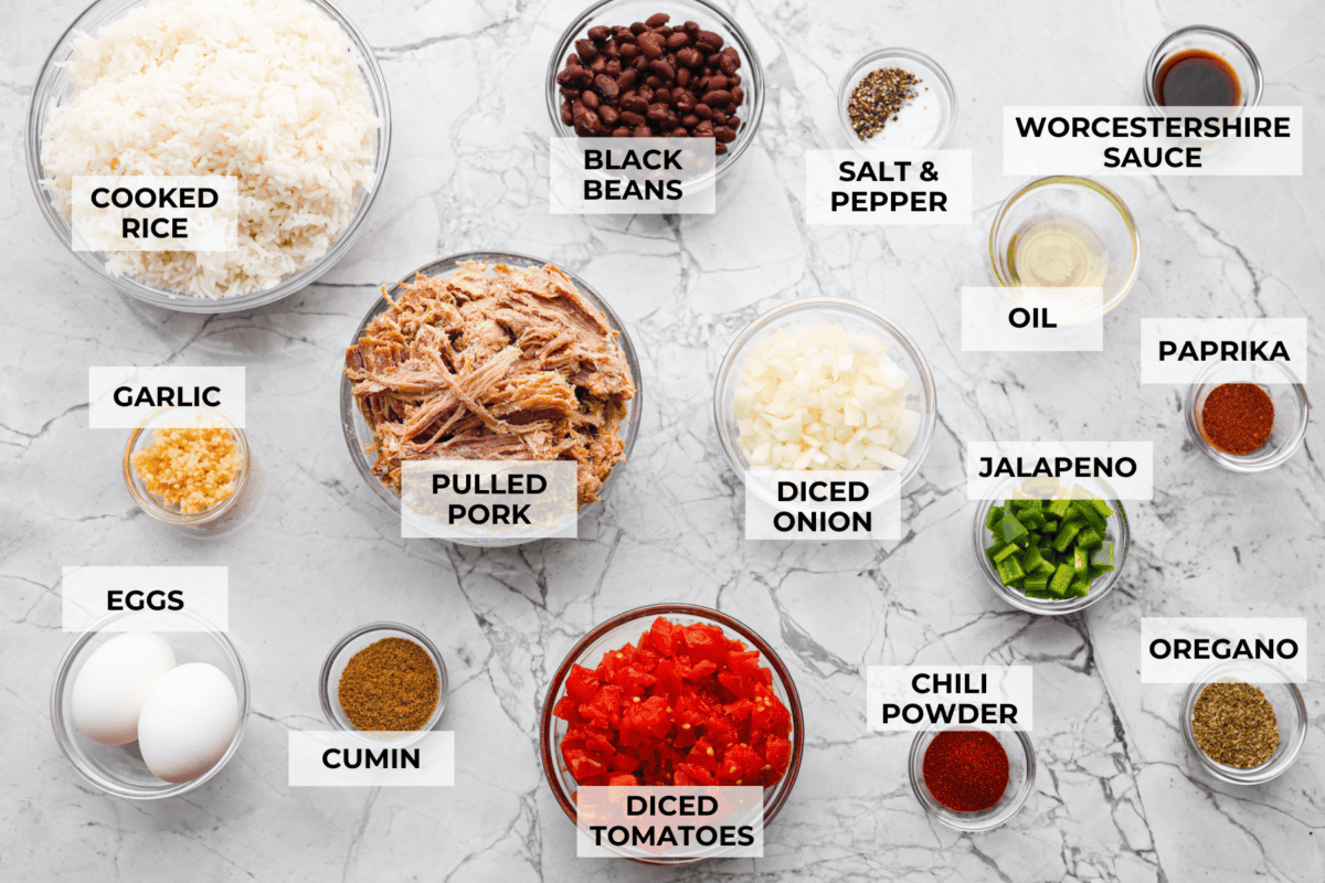 Overhead shot of labeled ingredients. 