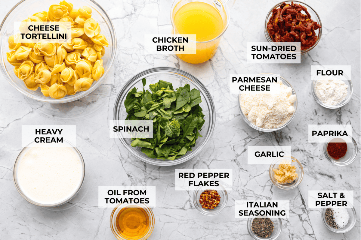 Overhead shot of labeled ingredients. 