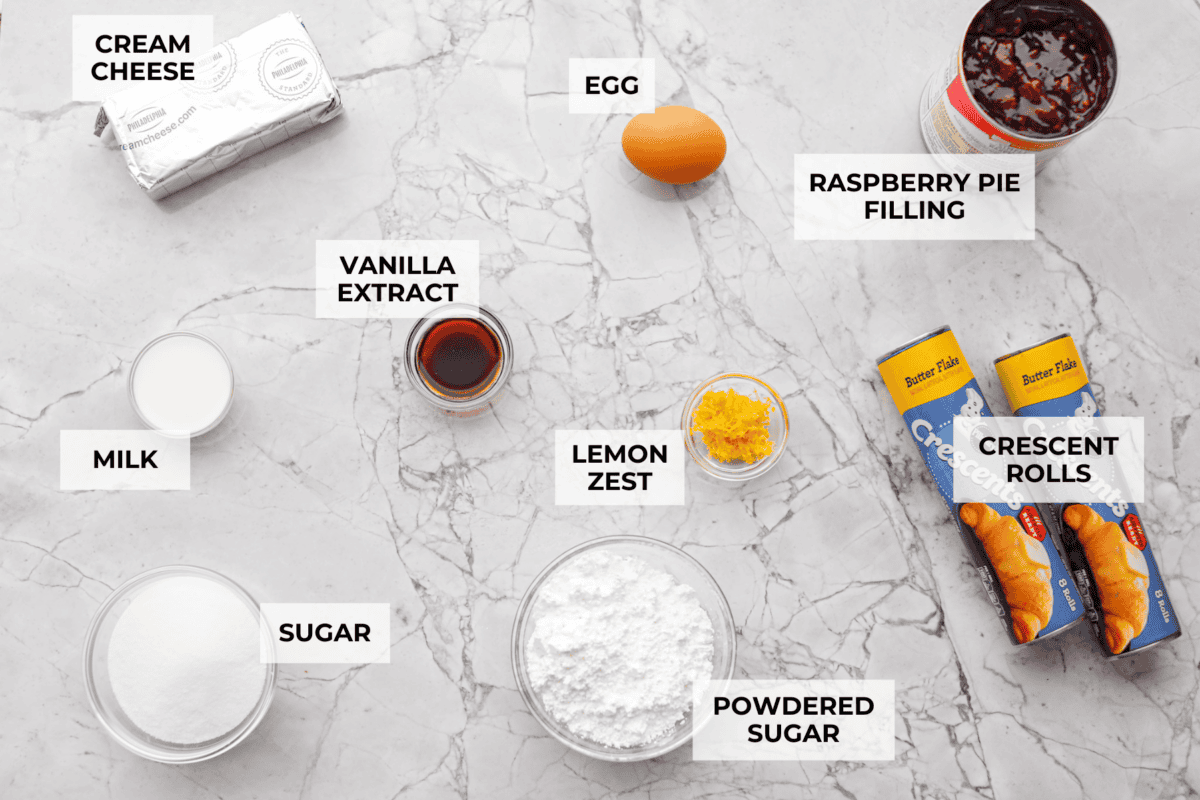 Overhead shot of labeled ingredients. 