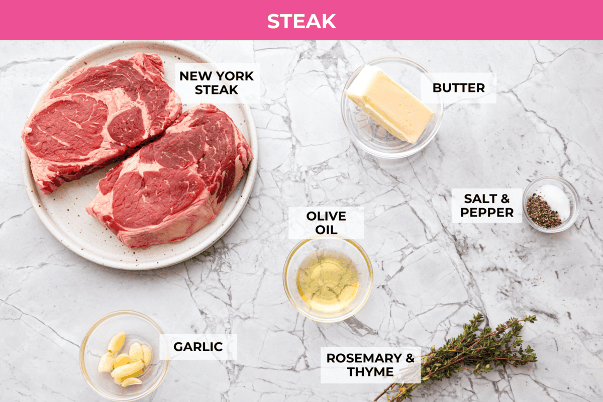 Steak Frites is a classic French bistro dish that combines perfectly seared, juicy steak with crispy, golden fries. It's a simple yet delicious meal that is filled with rich flavors and satisfying crunch. You will love this restaurant-quality dinner made right in your own kitchen! Overhead shot of labeled steak ingredients.