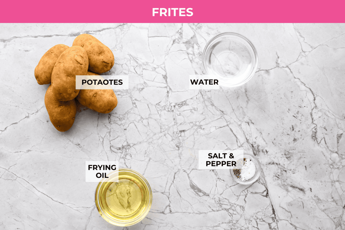 Steak Frites is a classic French bistro dish that combines perfectly seared, juicy steak with crispy, golden fries. It's a simple yet delicious meal that is filled with rich flavors and satisfying crunch. You will love this restaurant-quality dinner made right in your own kitchen! Overhead shot of labeled frites ingredients.