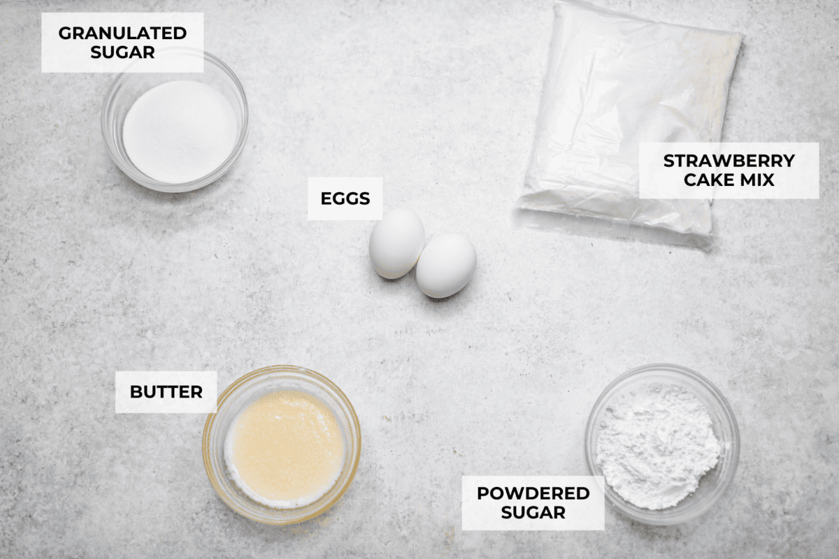 Overhead shot of labeled ingredients. 