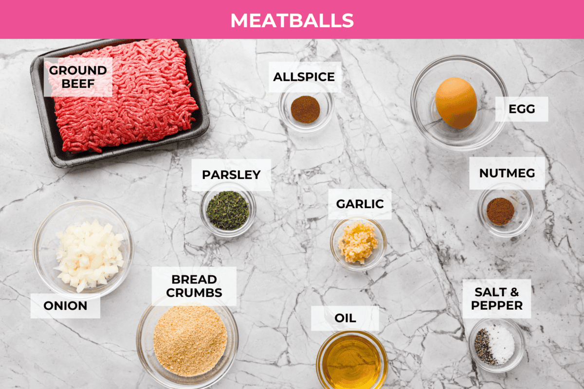 Overhead shot of labeled meatball ingredients. 