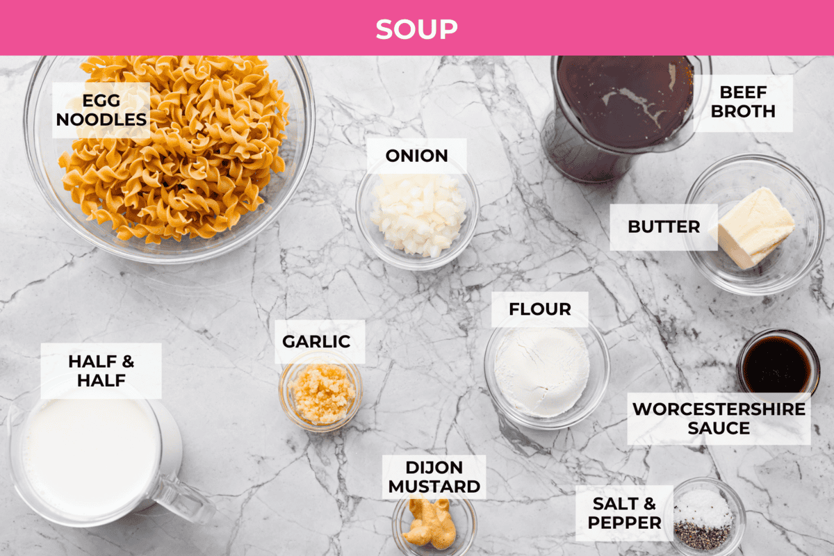 Warm and comforting, this cozy Swedish meatball soup is the perfect meal for chilly days. Juicy meatballs simmer in a rich, savory broth with tender noodles, making every spoonful satisfying. It’s easy to make and sure to become a family favorite! Overhead shot of labeled soup ingredients.