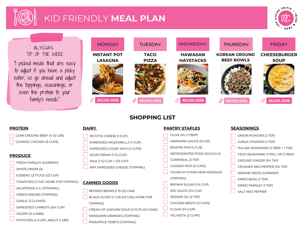 pdf shopping list for kid friendly meal plans. 