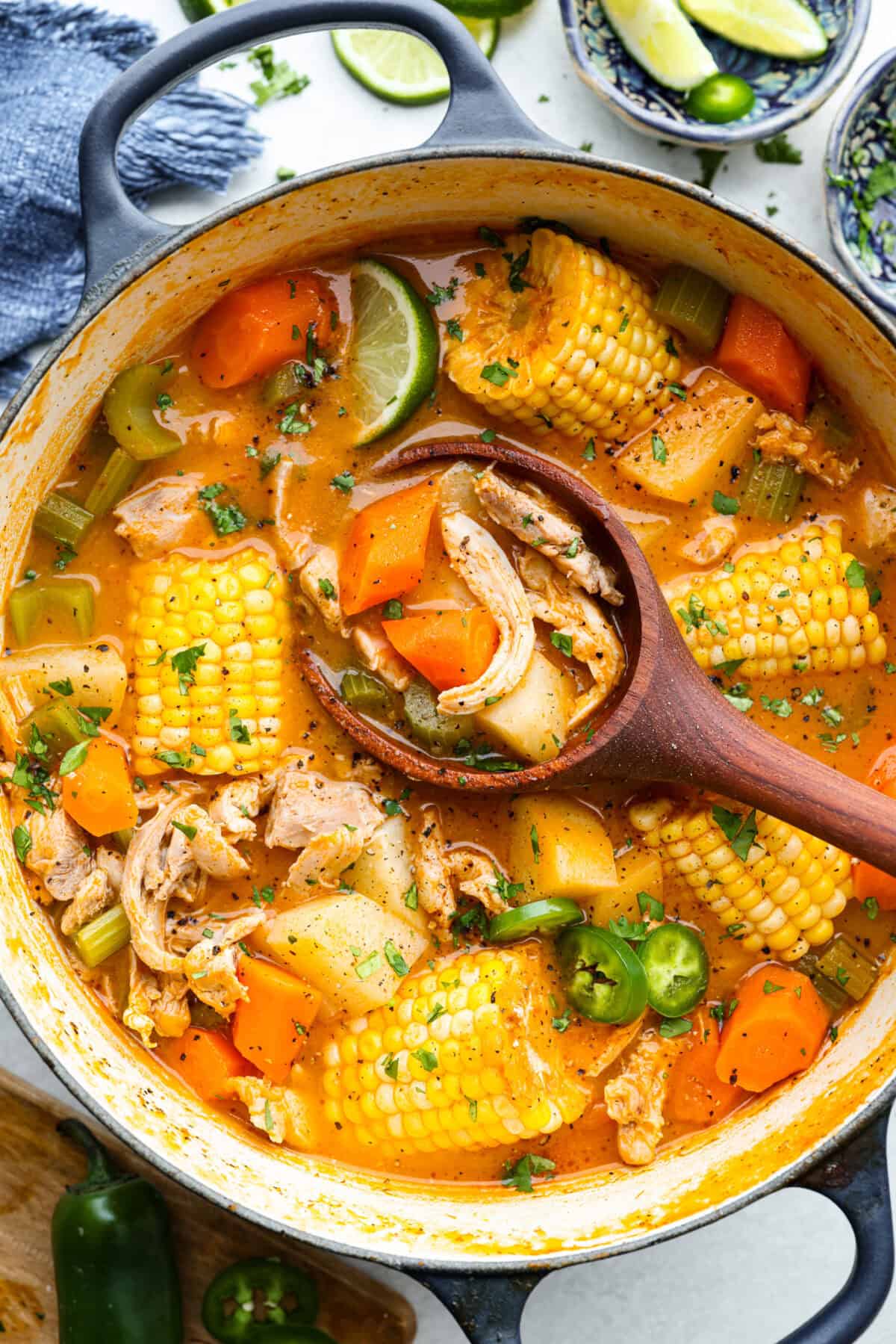 Overhead shot of Caldo de pollo in a pot.