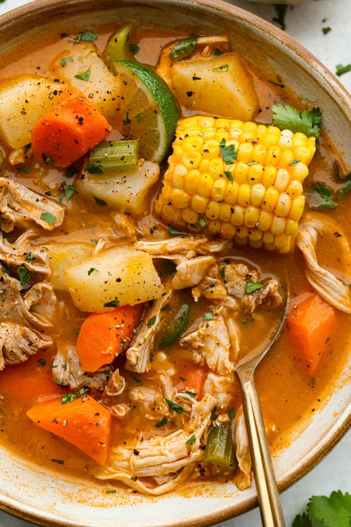 Close up shot of a bowl of Caldo de pollo. 