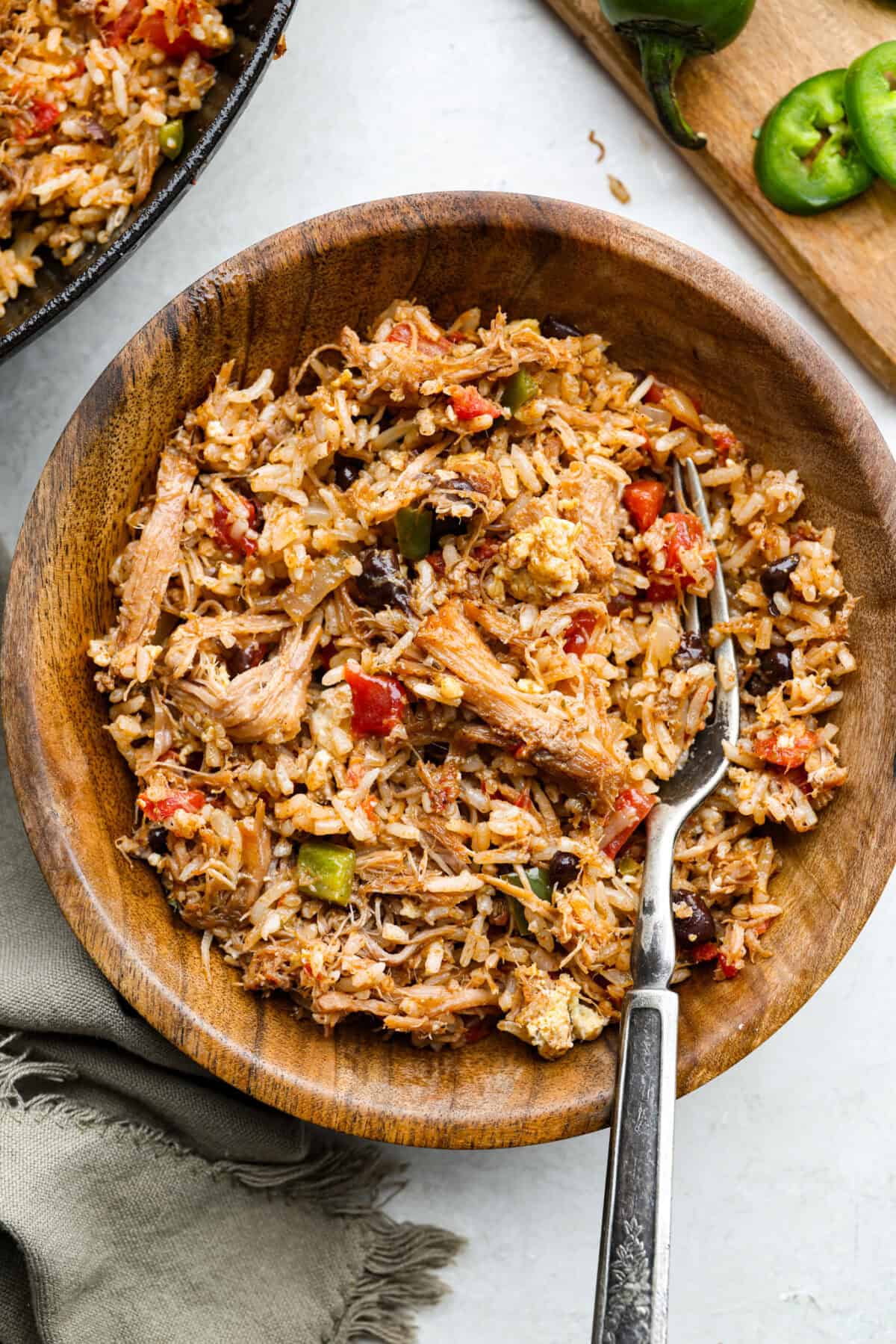 Overhead shot of plated cowboy fried rice. 