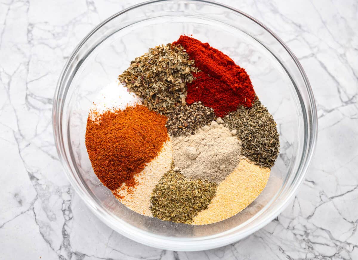 Overhead shot of the ingredients in a mixing bowl.