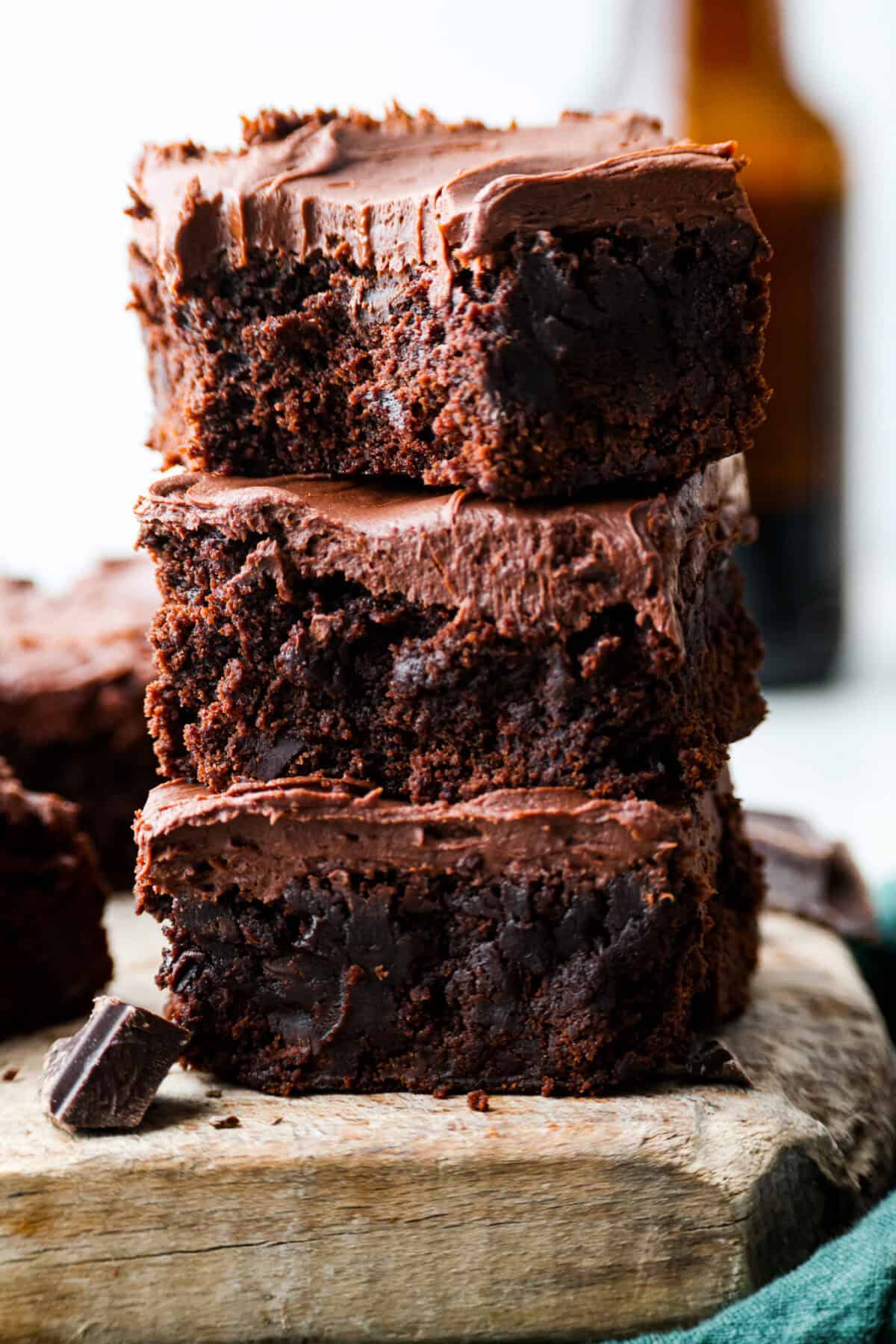 Close up shot of a stack of Guinness brownies.