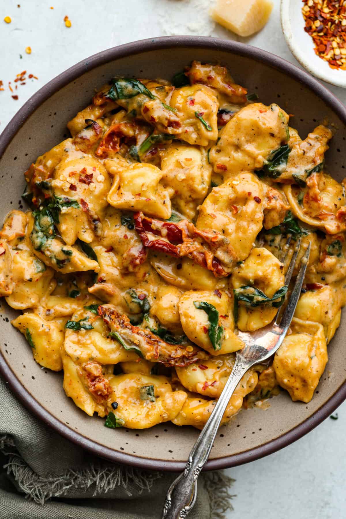 Overhead shot of Plated Marry Me tortellini. 