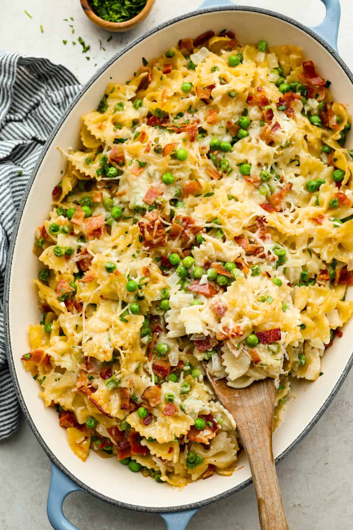 Overhead shot of baked Stanley Tucci pasta casserole.