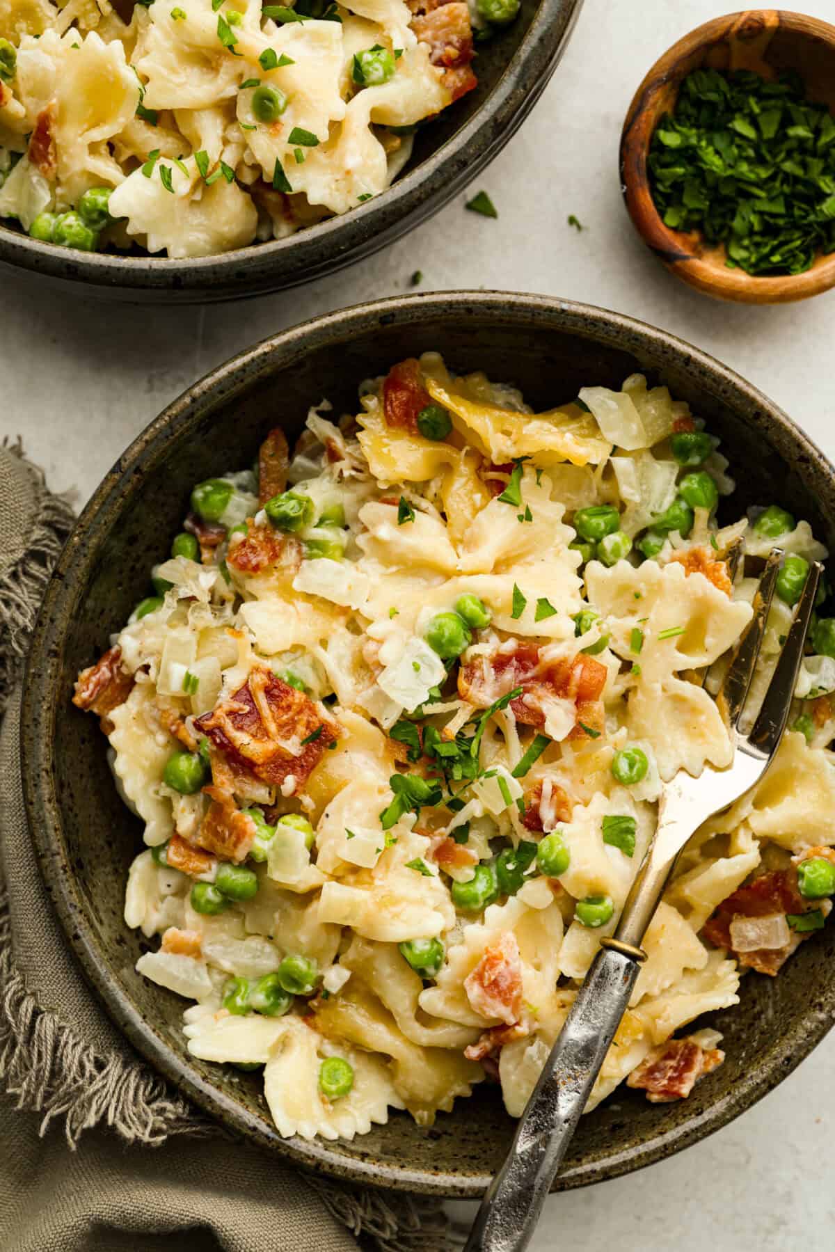 Overhead shot of plated Stanley Tucci pasta casserole. 