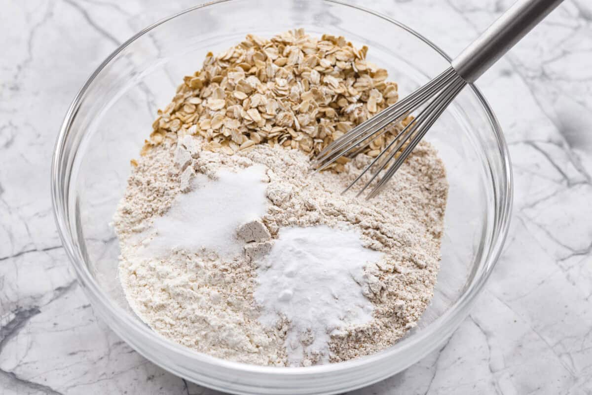 Overhead shot of all of the dry ingredients in a bowl. 