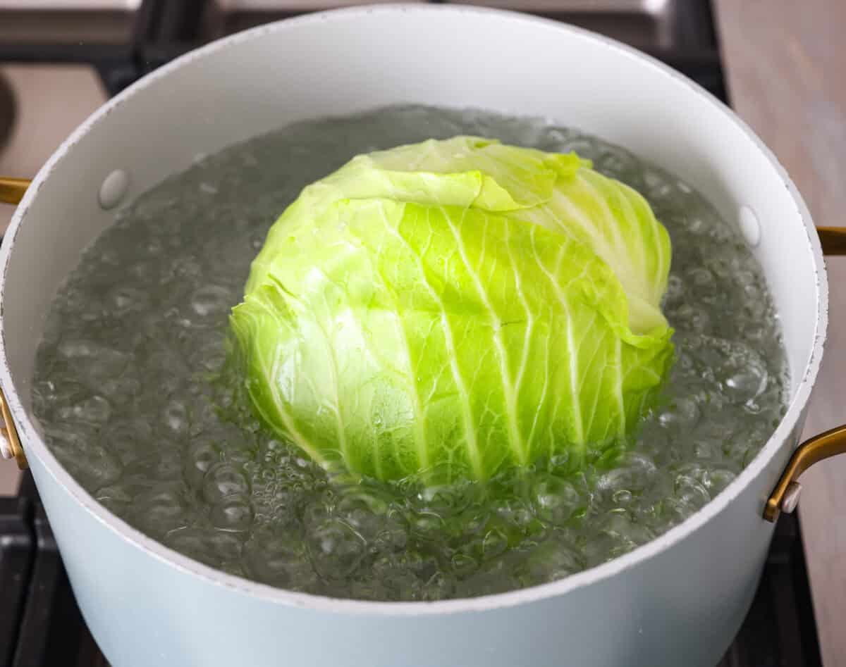 Angle shot of a head of cabbage in a pot of boiling water. 